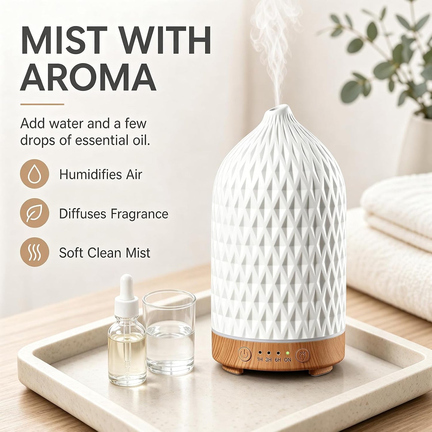 Gooamp 200ML Ceramic Essential Oil Diffuser for Home - Ultrasonic Aromatherapy Diffuser Humidifier with 7 Color LED Lights, Auto Shut-Off, 3 Timers for Bedroom, Office, Yoga, Black