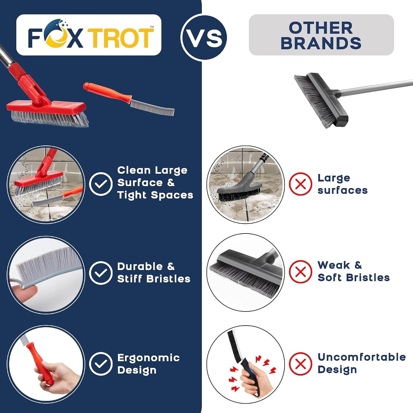 Foxtrot Living Grout Brush with Long Handle and Crevice Cleaning Brush Set | V-shaped, telescopic handle, crevice cleaning included, Grout cleaner for tile floors