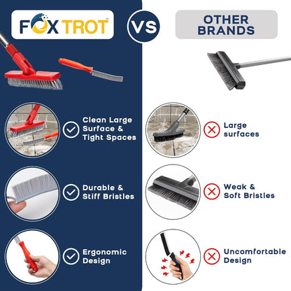 Foxtrot Living Grout Brush with Long Handle and Crevice Cleaning Brush Set | V-shaped, telescopic handle, crevice cleaning included, Grout cleaner for tile floors