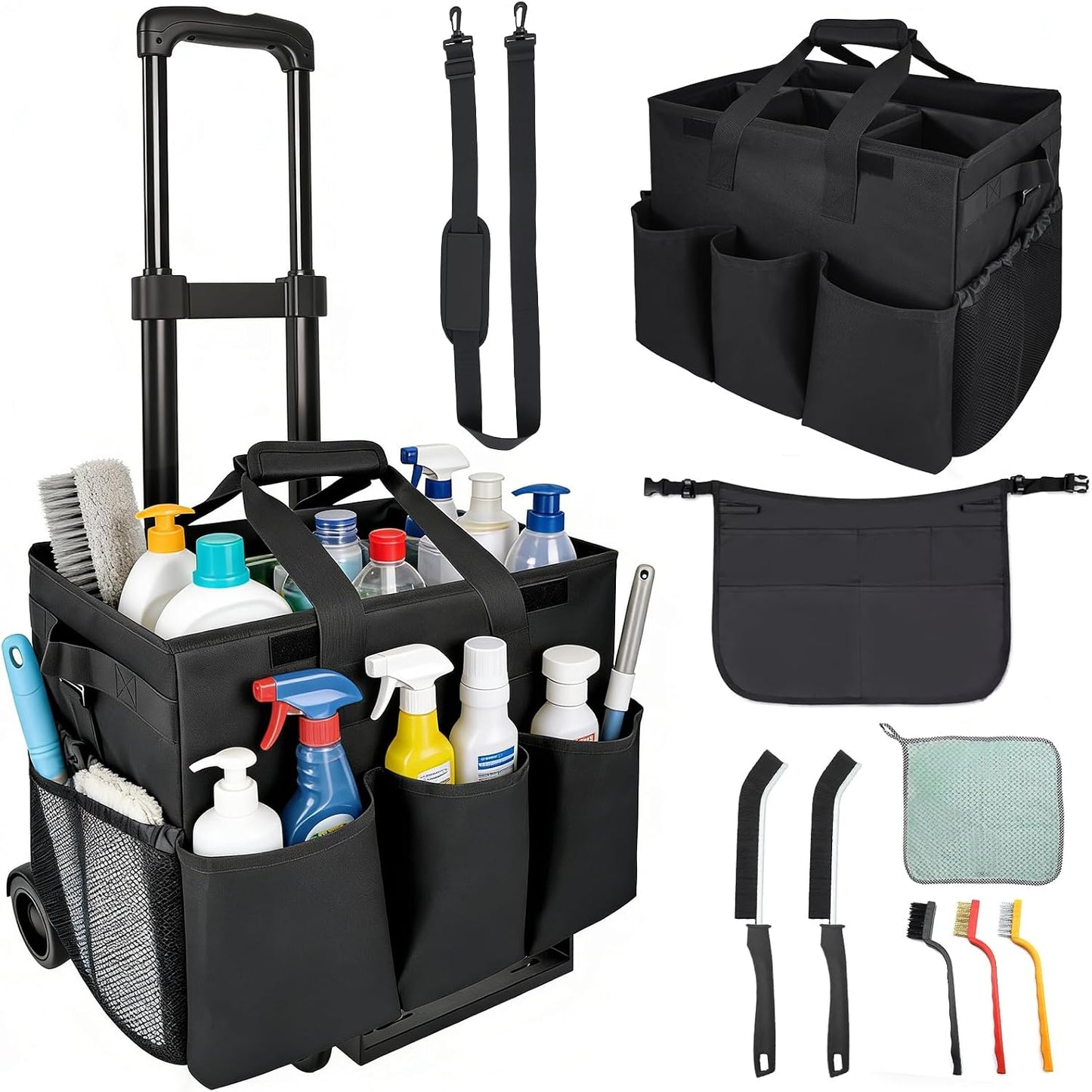 Cleaning Tools Cleaning Caddy with Wheels and Cleaning Apron, Large Rolling Cleaning Caddy Bag with Detachable Trolley, 6PCS Crevice Cleaning Brush Set, Adjustable Shoulder Strap & Multiple Pockets