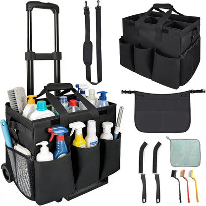 Cleaning Tools Cleaning Caddy with Wheels and Cleaning Apron, Large Rolling Cleaning Caddy Bag with Detachable Trolley, 6PCS Crevice Cleaning Brush Set, Adjustable Shoulder Strap & Multiple Pockets