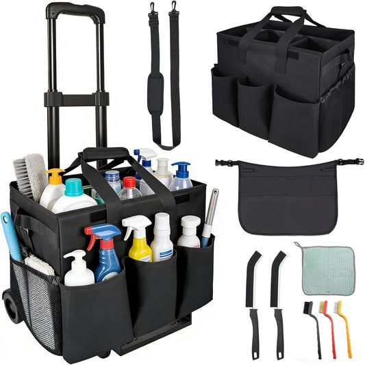 Cleaning Tools Cleaning Caddy with Wheels and Cleaning Apron, Large Rolling Cleaning Caddy Bag with Detachable Trolley, 6PCS Crevice Cleaning Brush Set, Adjustable Shoulder Strap & Multiple Pockets