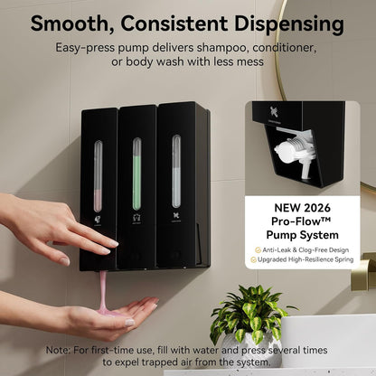 Shampoo and Conditioner Dispenser - Wall-Mounted 3-Chamber Shower Soap Dispenser, No-Drill, 1200ML Capacity, for Bathroom & Hotel