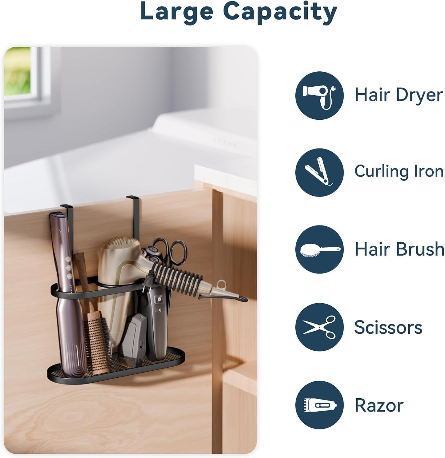 3-in-1 Hair Tool Organizer Holder for Dryer, Straightener & Curling Iron - Multi-Placement Design Mounts on Cabinet Door&Tabletop (Black Elliptic Frame)