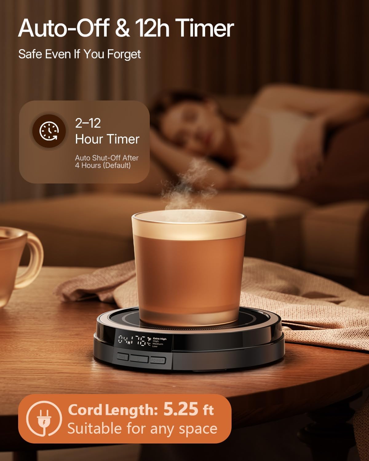Coffee Mug Warmer for Desk, 50W, Cup Warmer 4 Temps & Timer - Wood | Smart Display; 12H Timer; Auto Shut Off; Fast Heating; Easy-Clean; Candle Warmer Plate; UL Certified Gift for Coffee Lovers
