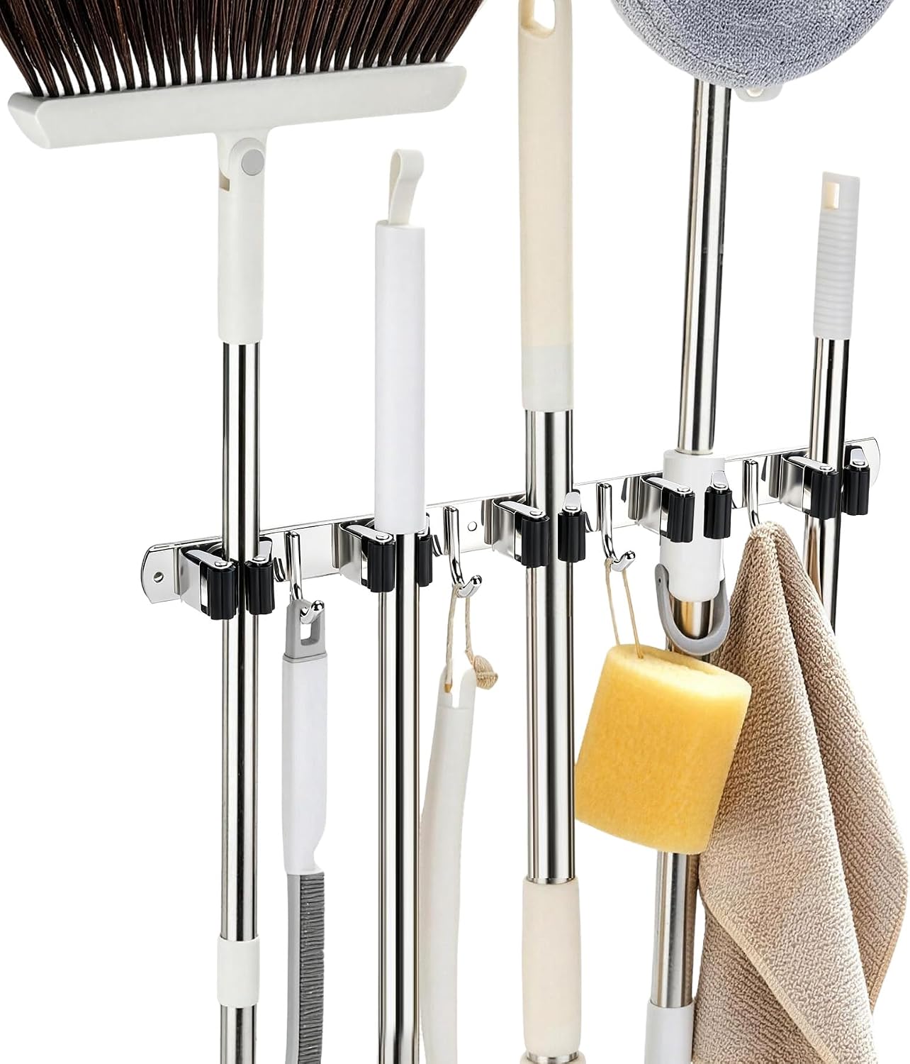 Broom Holder Wall Mount, Mop Organizer, 5 Racks, 4 Hooks, Heavy Duty | Rust-Resistant Stainless Steel, Non-Slip Grip, Adhesive or Screw Mount for Garage, Laundry Room and Garden Use, 1 Pack,Silver
