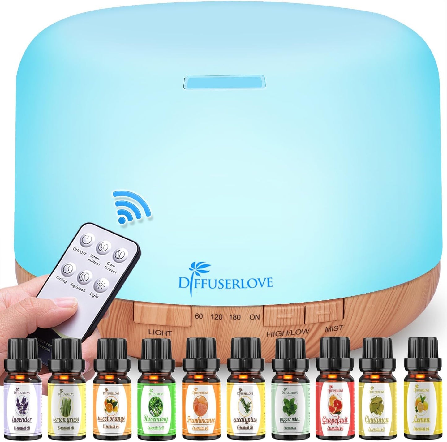 Diffuserlove Essential Oil Diffuser 500ML Aromatherapy Diffuser Mist Humidifiers 7 Color LED Lights Diffusers for Home Office Bedroom (Size:6.7" L x 6.7" W x 4.7" H)