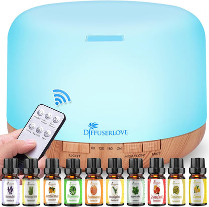 Diffuserlove Essential Oil Diffuser 500ML Aromatherapy Diffuser Mist Humidifiers 7 Color LED Lights Diffusers for Home Office Bedroom (Size:6.7" L x 6.7" W x 4.7" H)
