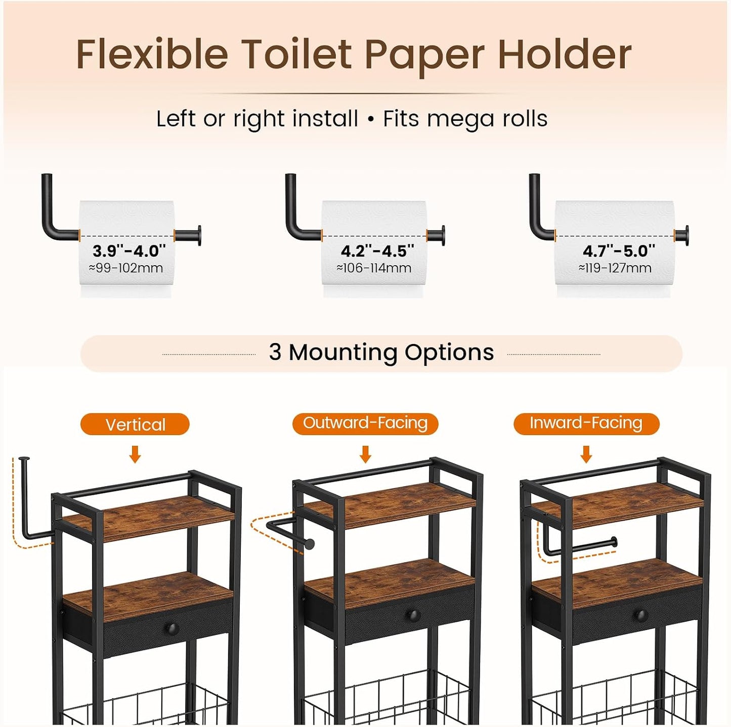 Snughome Freestanding Toilet Paper Holder with Storage Drawer, 4-Tier Rolling Toilet Paper Holder Stand with Wheels, Shelf & Basket, Bathroom Magazine Rack for Phone & Extra Rolls (Rustic Brown)