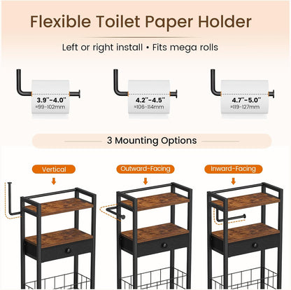Snughome Freestanding Toilet Paper Holder with Storage Drawer, 4-Tier Rolling Toilet Paper Holder Stand with Wheels, Shelf & Basket, Bathroom Magazine Rack for Phone & Extra Rolls (Rustic Brown)