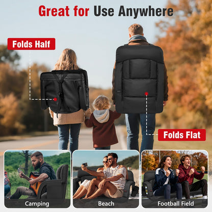 Suteck Heated Stadium Seats with Back Support 1 Pack, 23" Wide Sofa Style | Dual-Zone USB Heat, 6 Recliner, 3.83" Soft Cushion, 600D Waterproof, Hook Straps, Storage Pockets & Cup Holder, Half Fold