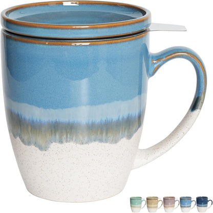 Bosmarlin Ceramic Tea Cup with Infuser and Lid, 16 Oz, 5 Colors to Choose, Dishwasher and Microwave Safe, Reactive Glaze, Steeping Tea Mug with Strainer (Purple)