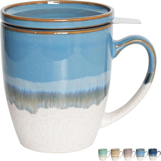 Bosmarlin Ceramic Tea Cup with Infuser and Lid, 16 Oz, 5 Colors to Choose, Dishwasher and Microwave Safe, Reactive Glaze, Steeping Tea Mug with Strainer (Purple)
