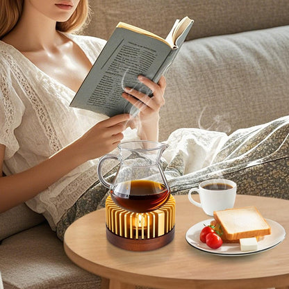 Teapot Warmer, Aluminum Tea Warmer with Wooden Base, Candle Heater for Heating Tea, Coffee, Milk, Food,Camping and Traveling, Universal Teapot Heater (Large-with Wooden Base)