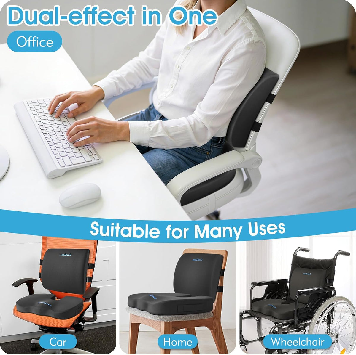 CushZone Seat Cushion and Lumbar Support Pillow for Office Chair, Black