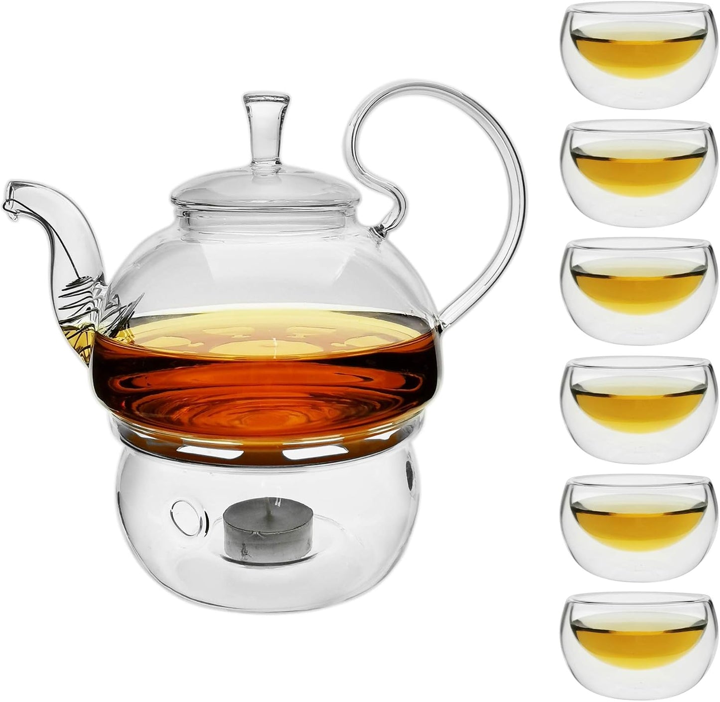 Glass Filtering Tea Maker Teapot with a Warmer and 6 Double-walled Tea Cups Set (Heating base, Standard)