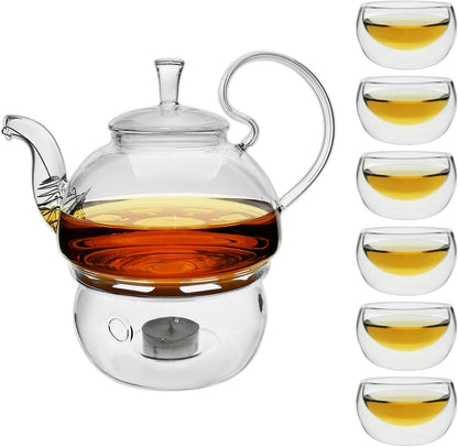 Glass Filtering Tea Maker Teapot with a Warmer and 6 Double-walled Tea Cups Set (Heating base, Standard)