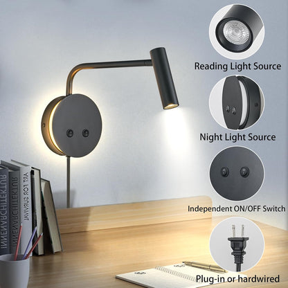 Matte Black Wall Mounted Reading Light, 3000K Flexible Headboard Reading Sconces with On Off Switch Control, Plug in/Hardwired Wall Light Fixtures with Night Light for Bedside Bedroom Bunk