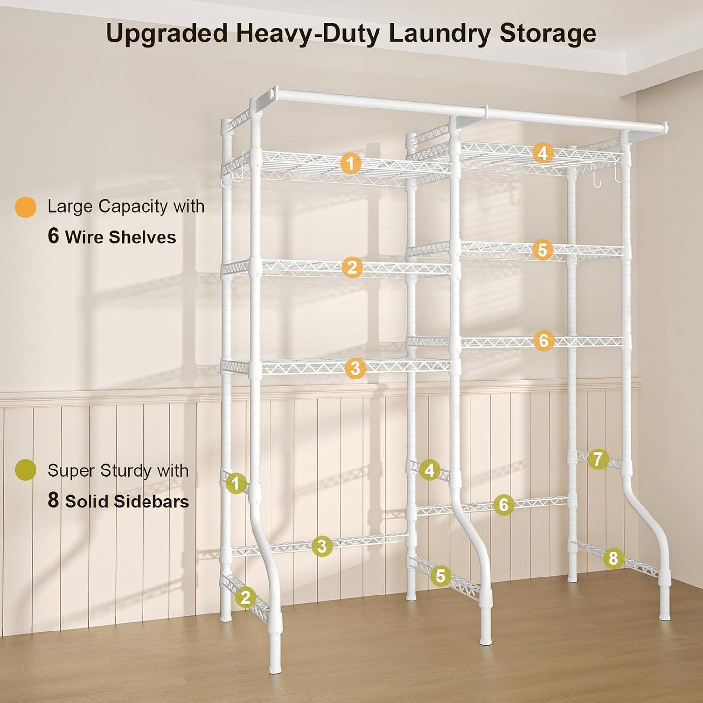 U13 Medium Over Washer and Dryer Storage Shelves, 6 Tiers Laundry Rack | Metal Clothes Drying Rack Space Saver with 2 Hanger Rods and Hooks, Laundry Room Standing Shelf Above Washer Dryer, White