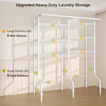 U13 Medium Over Washer and Dryer Storage Shelves, 6 Tiers Laundry Rack | Metal Clothes Drying Rack Space Saver with 2 Hanger Rods and Hooks, Laundry Room Standing Shelf Above Washer Dryer, White