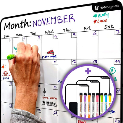 Large Dry-Erase Magnetic Monthly Calendar + Free Bonus: 3 Grocery/to-Do List Whiteboards (Organizer/Planner) for Kitchen Fridge - Full Set: 8 Markers + Eraser | Stain Free | Horizontal