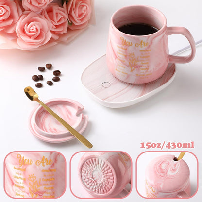 Nitial Bible Verse Coffee Mug Warmer Set Christian Coffee Mug Warmer | God Say You Are, Bible Verse Coffee Mug and Mug Warmer, Christian Gifts for Women, Pink Marble Mug, Teacher Mom Coworker