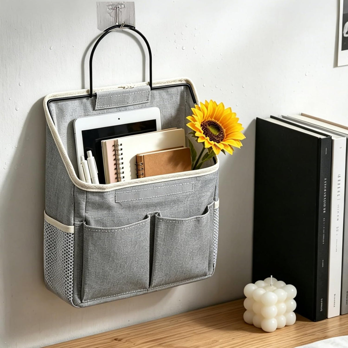 White Bedside Caddy Wall Bag for Dorm Bunk Hospital Beds, Stores Phone Books Glasses
