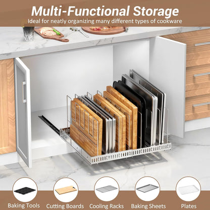 Housolution Pull Out Baking Tray and Cookie Sheet Cutting Board Organizer | 13"-22" Expandable, 21.5" Deep, 8 Adjustable Dividers, Sliding Rail Design, Sturdy Metal Structure, Adhesive/Screw Fixing