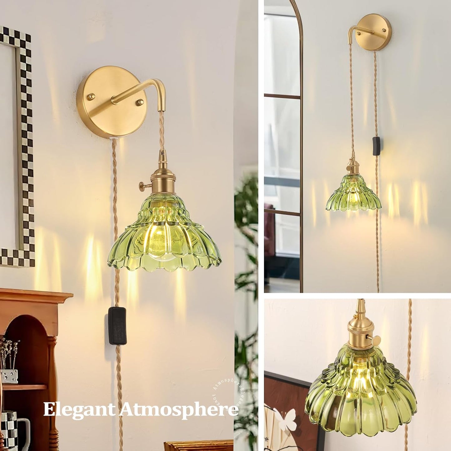 Shenmoyl Battery Operated Wall Sconce Wall Lamp with Green Lily of the Valley Shade Pattern Glass Adjustable Chain Retro Gold Wall Mounted Light, Modern Wall Lamp Fixtures Decor for Bedside Bedroom