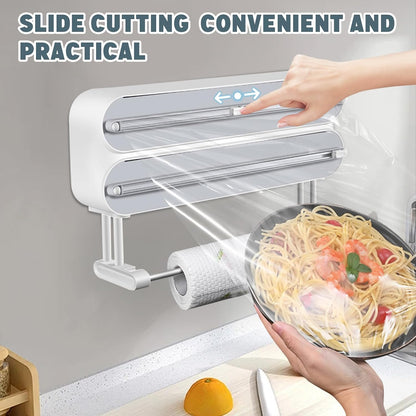 AUSTUFF 3 in 1 Plastic Wrap Dispenser with Cutter Magnetic Aluminum Foil | Wall Mount Kitchen Wrap Organizer, Cling Wrap Dispenser with Paper Towel Holder and Cutter