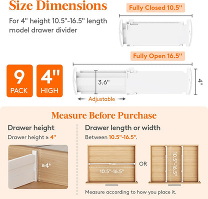 Lifewit 9 Pack 4" High Drawer Dividers, Adjustable Drawer Organizer Clothes | 10.5"-16.5" Expandable White Plastic Separators for Dresser, Kitchen, Cabinet, Nursery, Office, Socks & Underwear Storage