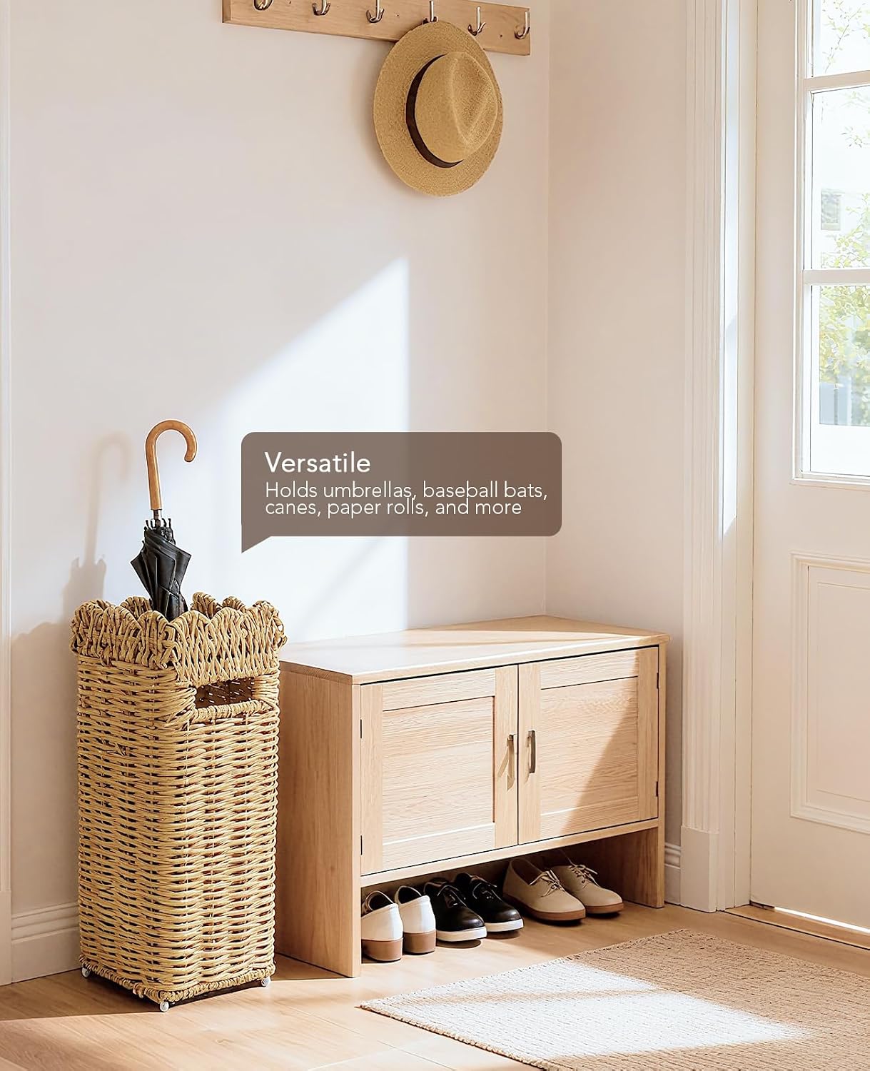 AceList Woven Umbrella Stand for Entryway, PE Rattan with Drip Tray | Scalloped cane holder for umbrellas, walking sticks & wrapping paper, farmhouse porch decor, removable base, sturdy 16.5 inch