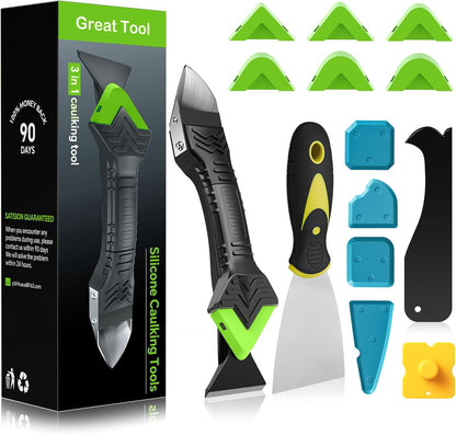 Goopreen 3 in 1 Silicone Caulking Tool Kit-Stainless Steel Caulk Remover Tool,Caulk Finishing Tool of 6 Silicone Pads,Caulk Tool Set for Kitchen Bathroom Tile Shower Window