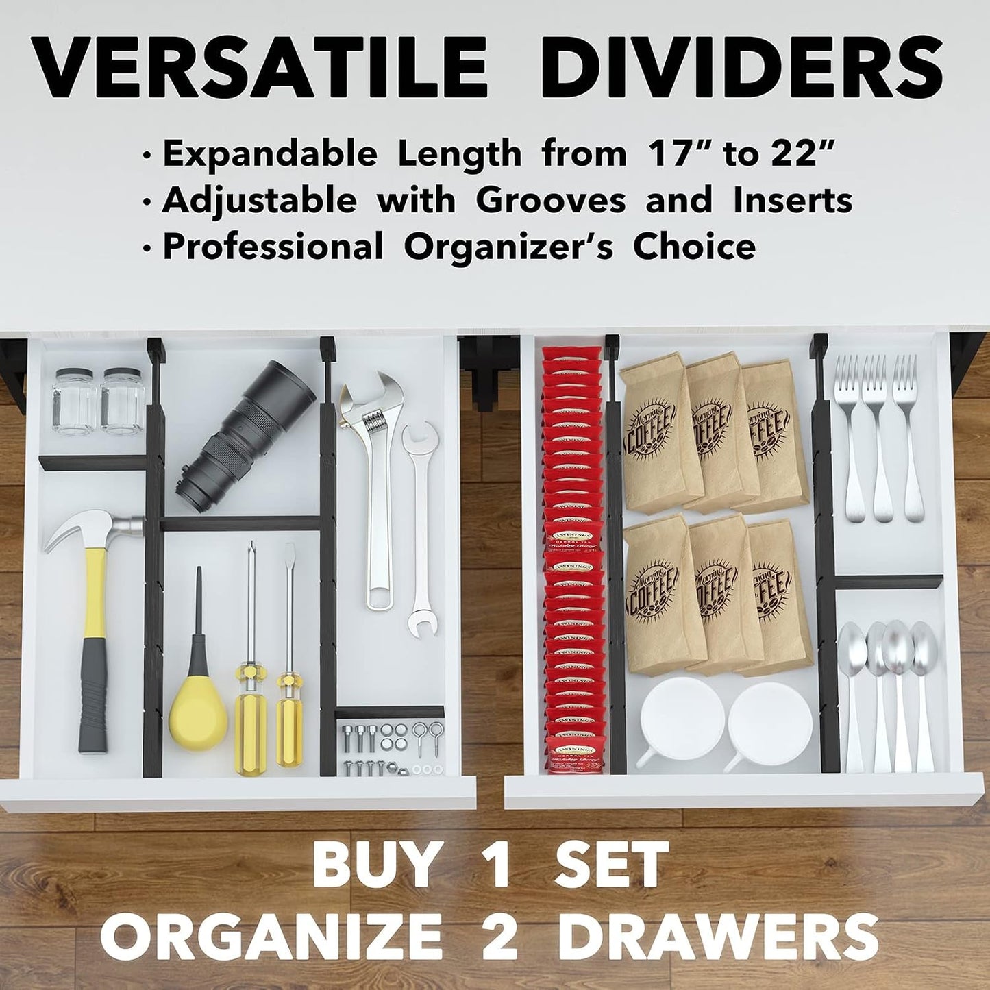 SpaceAid Bamboo Drawer Dividers with Inserts and Labels, Kitchen Adjustable Drawer Organizers, Expandable Organization for Home, Office, Dressers, 4 Dividers with 9 Inserts (17"-22" Natural)