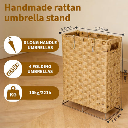 Rattan Umbrella Holder Basket Stand for Entryway | Handwoven, Indoor Umbrella Storage with Waterproof Base, Durable Metal Hooks & Removable Drip Tray