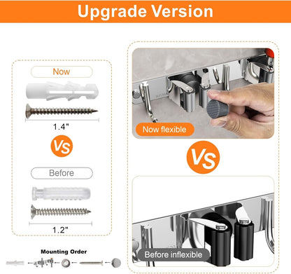 CUXIXA Mop and Broom Holder Wall Mount, Upgraded Broom Organizer Wall Mount, Stainless Steel Broom Hanger Wall Mount for Home Kitchen Garden Laundry Garage (3 Racks with 4 Hooks)