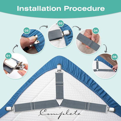 Bed Sheet Straps, Easy to Install Sheet Straps, Fitted Sheet Clips, Adjustable Sheet Fasteners, Say Goodbye to The Messy Sheets (Gray-4 Pcs)