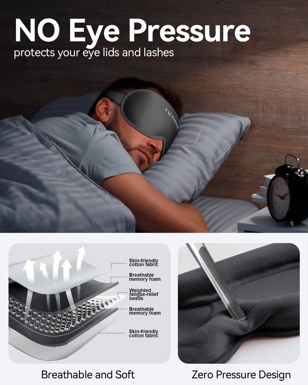 Blackout Weighted Eye Mask for Sleeping, 3D Contoured Sleep Mask for Men | Gentle-Pressure, Deep Cups, Zero Eye Pressure, Airplane Travel & Night Shift Essentials, Breathable Blindfold, Black
