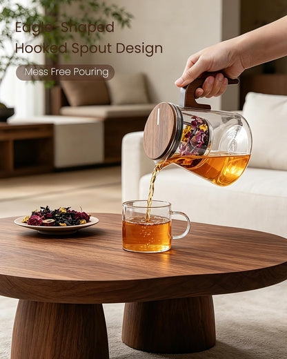 ZENS Magnetic Glass Infuser Teapot for Loose Tea, 27oz Walnut Wood Handle | Magic Teapot with Infuser, Echanted Tea Maker, Mess-Free Loose Leaf Tea Diffusers for Tea lover Gifts
