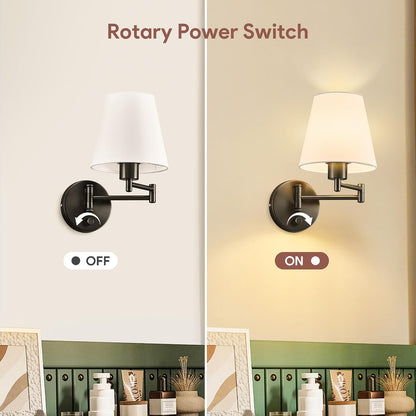 VONLUCE Wall Lamp, Plug in & Swing Arm Wall Sconce, Nickel Finish | Modern Wall Lights with White Fabric Shades, Plug in & Hardwired Wall Mounted Light for Bedside, Living Room, Hallway