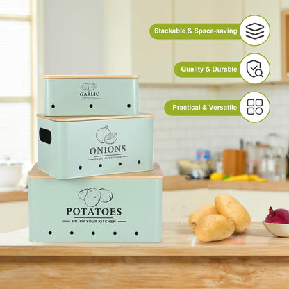 Kitchen Vegetable Storage Set of 3, Metal Onion Garlic Potato Storage Set, Kitchen Canisters Vegetable Keeper Containers with Aerating Holes and Bamboo Lid,Black