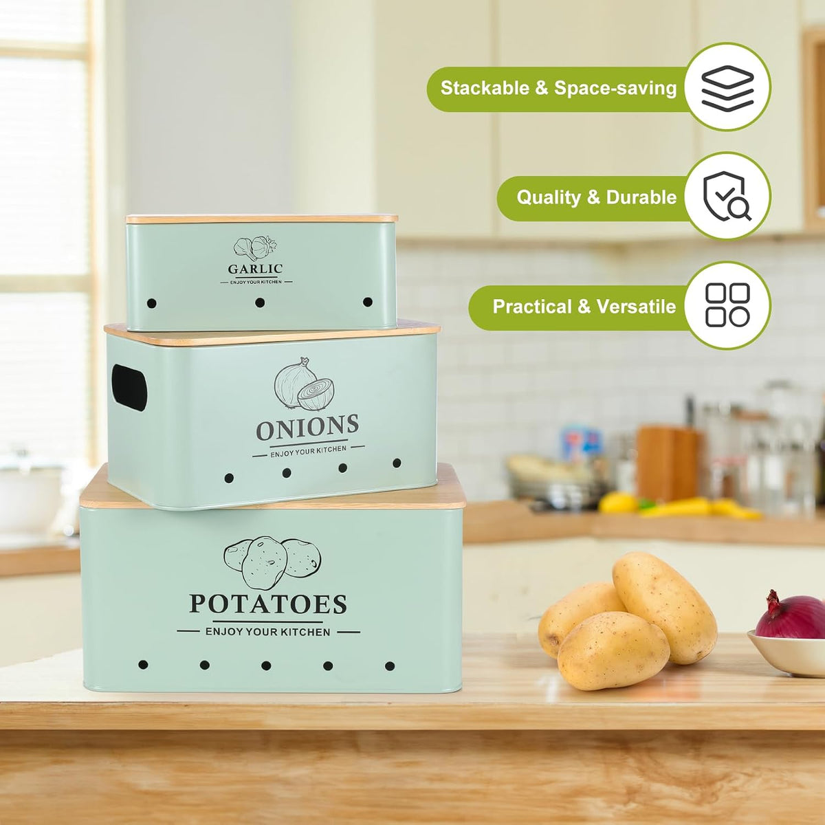 Kitchen Vegetable Storage Set of 3, Metal Onion Garlic Potato Storage Set, Kitchen Canisters Vegetable Keeper Containers with Aerating Holes and Bamboo Lid,Black
