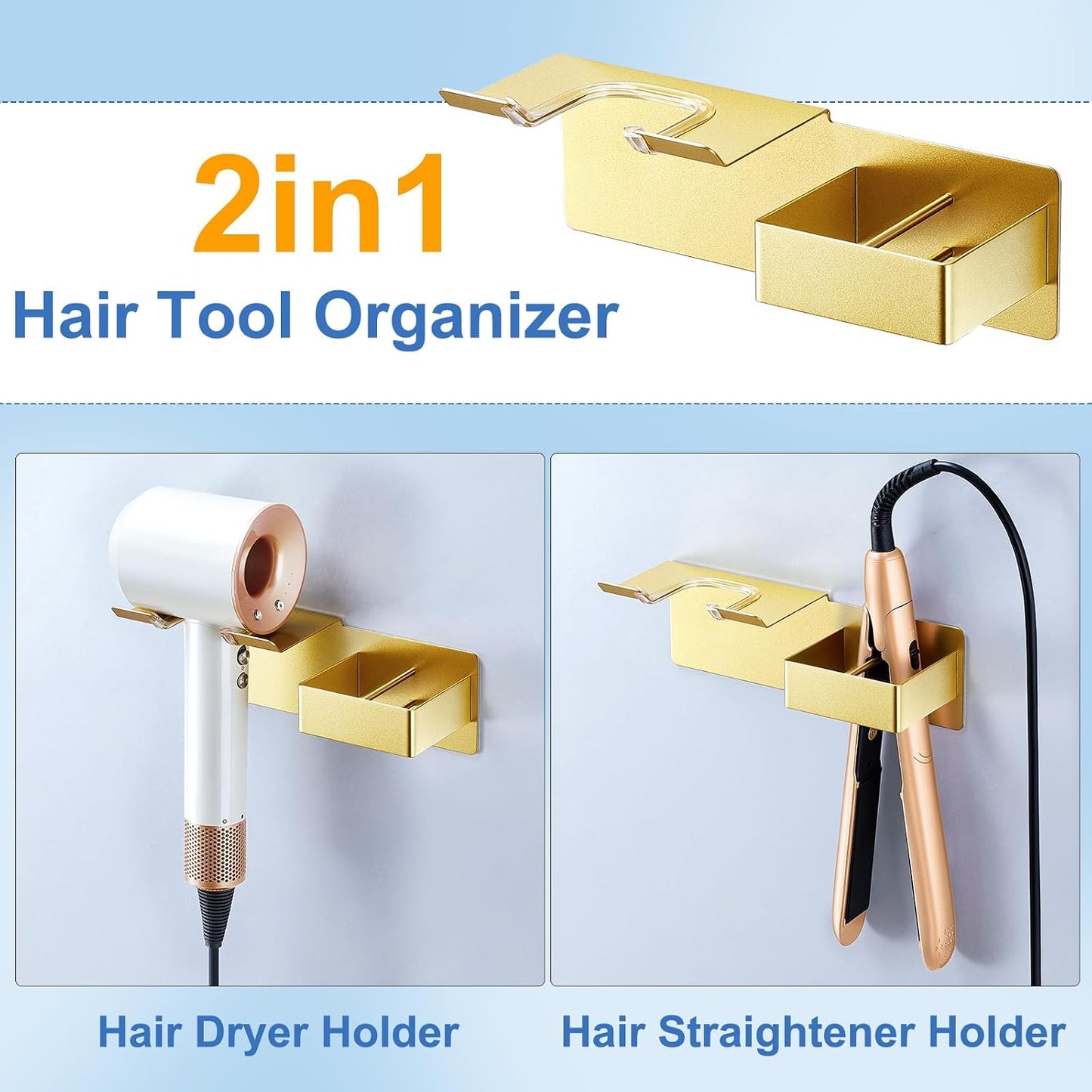 Hair Dryer Holder Wall Mounted, Hair Straightener Holder Metal, Adhesive Blow Dryer and Hair Straightener Holder, Bathroom Bedroom Hair Tool Organizer for Flat Iron,Curling Iron,Hairdryer (White)