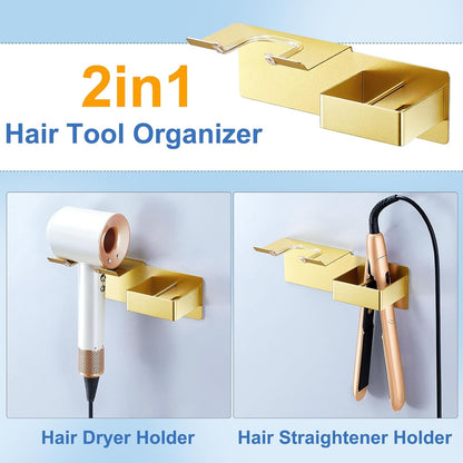 Hair Dryer Holder Wall Mounted, Hair Straightener Holder Metal, Adhesive Blow Dryer and Hair Straightener Holder, Bathroom Bedroom Hair Tool Organizer for Flat Iron,Curling Iron,Hairdryer (White)