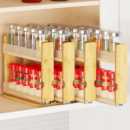SpaceAid Bamboo Pull Out Spice Rack Organizer for Cabinet, Heavy Duty Slide Out Seasoning Kitchen Pantry Sliding Vertical Organization, 7.6" Wide, 3 Drawers(2" Wide), 2-Tier, Natural