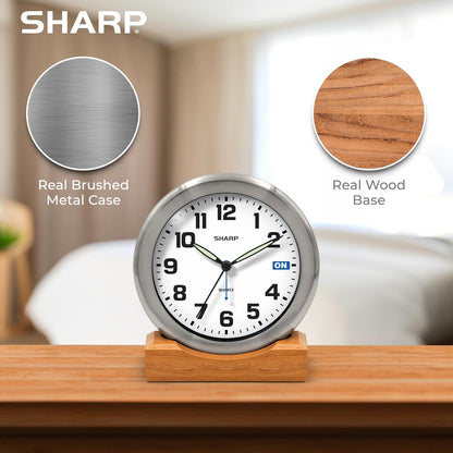 Sharp Silent Sweep Non-Ticking Analog Alarm Desk Metal Clock, Wood Stand | Wall mount, luminous hands, on/off indicator, AA powered, bedroom, office, study, quiet workspace, shelf, nightstand, table