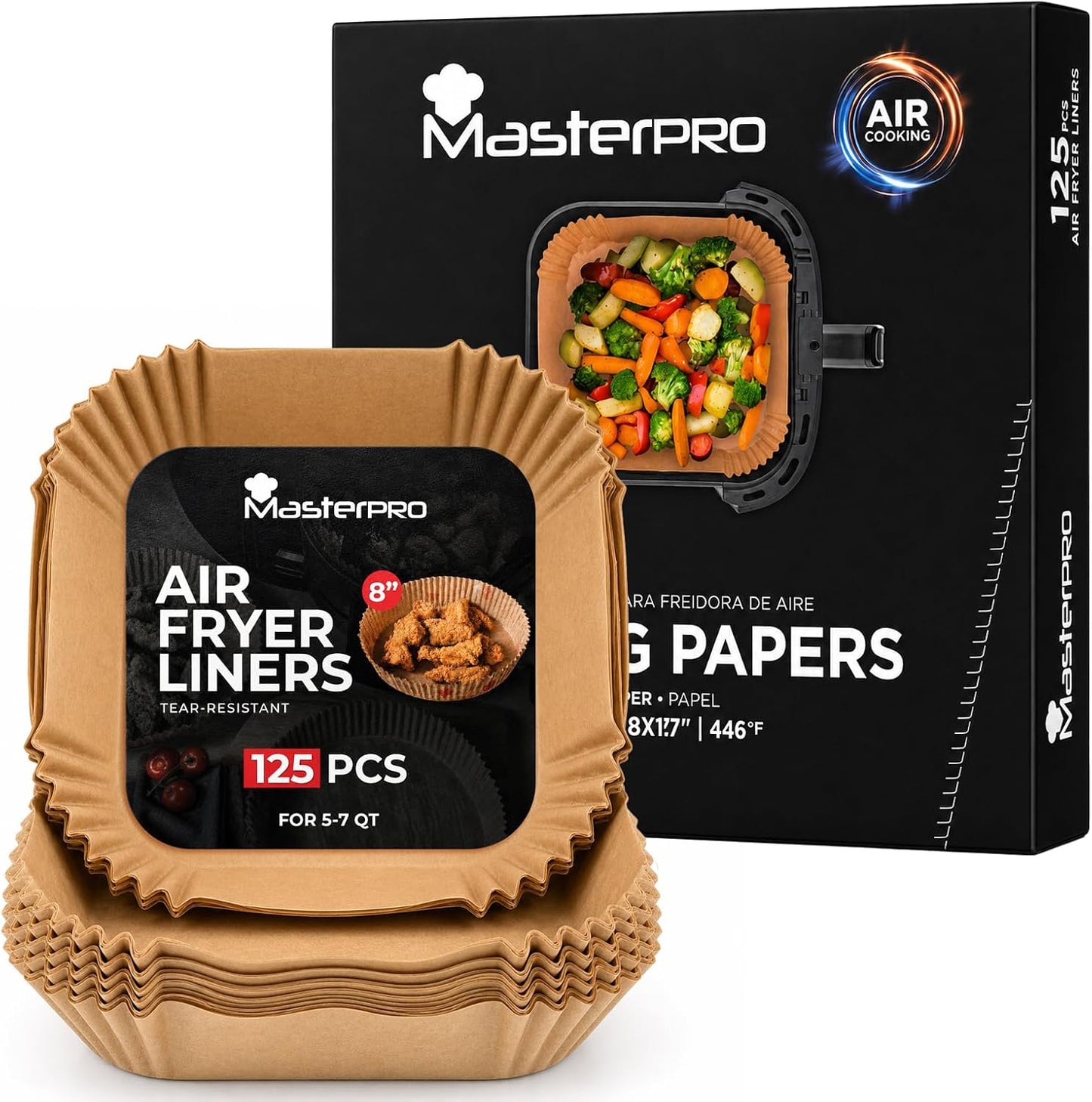 Bergner 125-Count Square Air Fryer Liners 8 Inch - Non-Stick Disposable Parchment Paper, Oil & Grease Resistant Heat Safe Baking Sheets for Air Fryer, Oven & Steamer