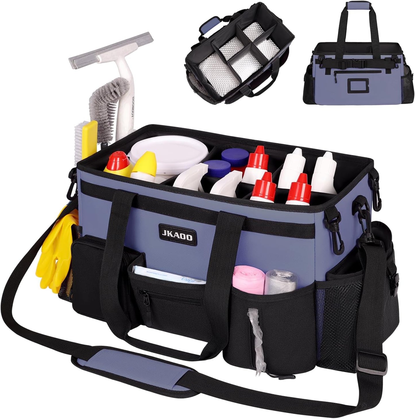 JKAOO Large Wearable Cleaning Caddy Bag with Handles, Denim Blue | Adjustable Shoulder & Waist Straps, Removable, Waterproof Tote for Cleaning Supplies, Home, Car, Office
