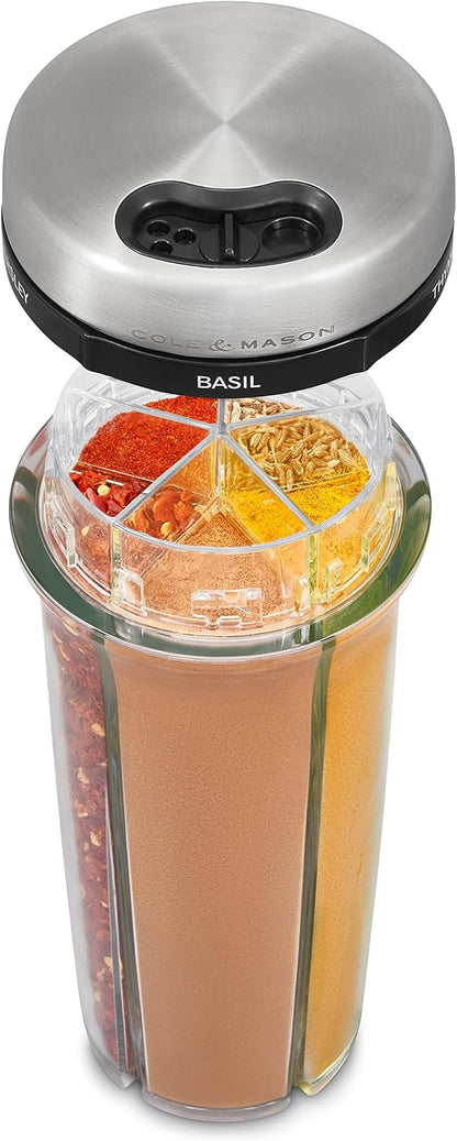 Cole & Mason Saunderton Spice Storage & Shaker - Herb Keeper for Refrigerator, Countertop or Cabinet - Divided Food Storage Container - Spice Shaker with Lid - Clear/Silver
