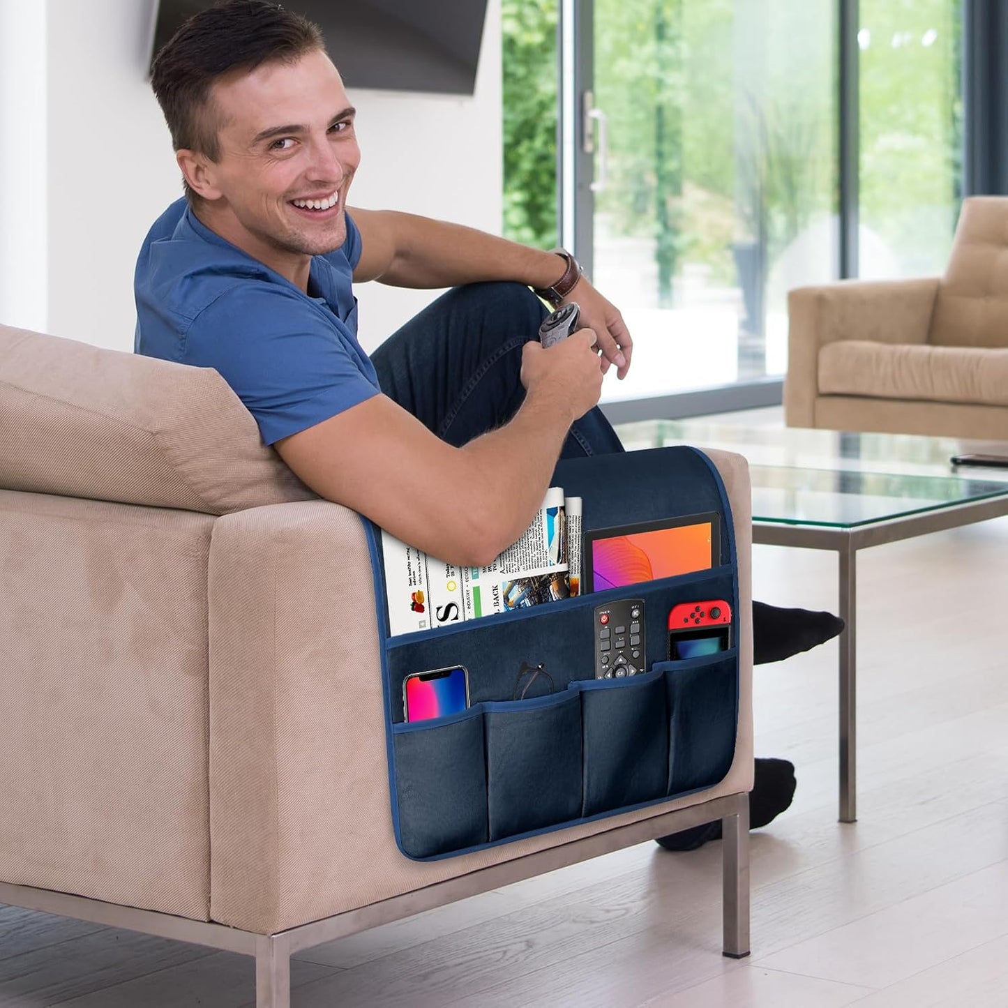 Remote Control Holder for Armchair Caddy, Remote Holder with 5 Pockets | Couch TV Remote Holder with Non-Slip Base, Bedside Caddy Organizer for Key Glasses Phone Magazine (Blue, 35"x12.4")